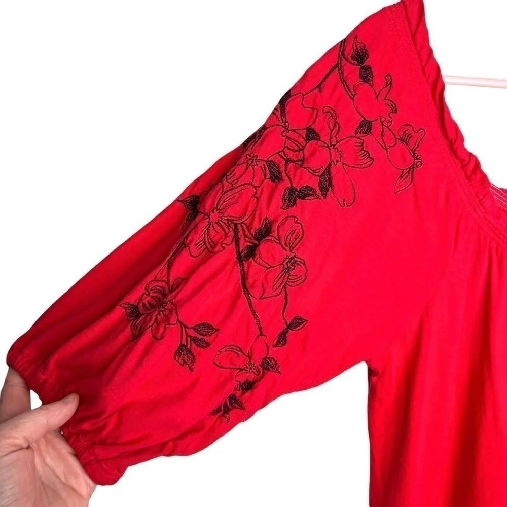 JW Los Angeles Johnny Was Red Multi Floral Butterfly Embroidered Dress Small